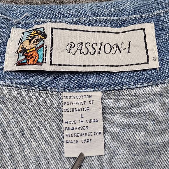VTG Embroidered Jean Jacket Sz Large Blue Denim Full Zip Passion I Floral Nature - Picture 4 of 7